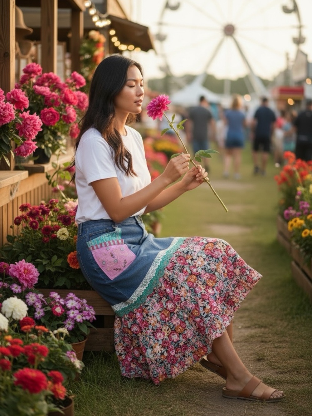 Boho Floral Patchwork Maxi Skirt - Pink/Blue